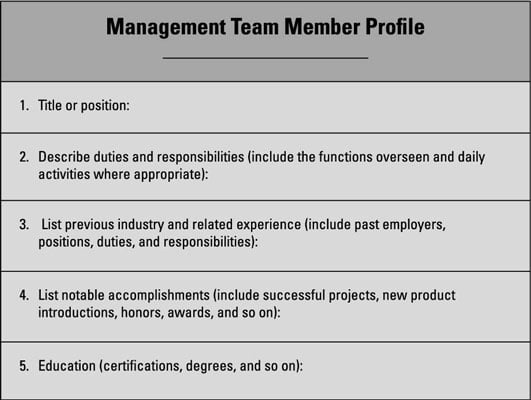 management background in business plan