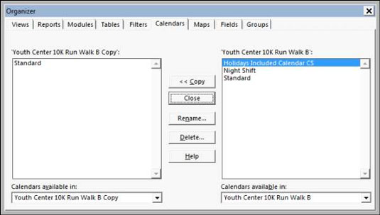 Organizer pop-up screen in Microsoft Project.