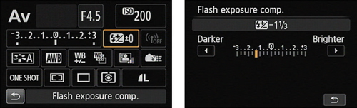 The quickest way to adjust flash power is via the Quick Control screen.