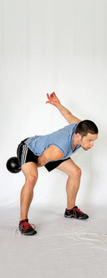 Set up behind the weight (kettlebell or dumbbell) and hike the weight forcefully back between your legs.