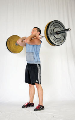 Set up under the barbell so it lies across the front of your shoulders just above your clavicle and close to your throat.