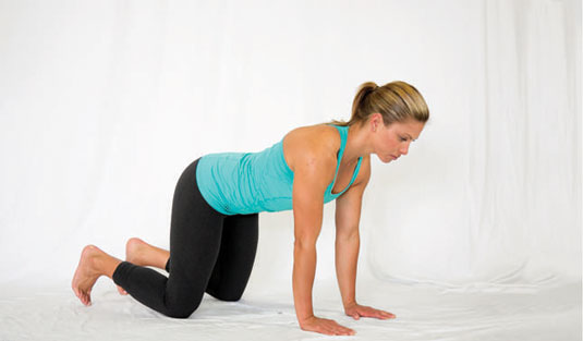 Get down on all fours, knees under hips, and hands under shoulders; be sure your back is flat.