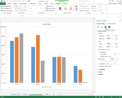 To change the alignment and orientation of the labels on the selected axis, click the Size & Properties button under Axis Options on the Format Axis task pane.