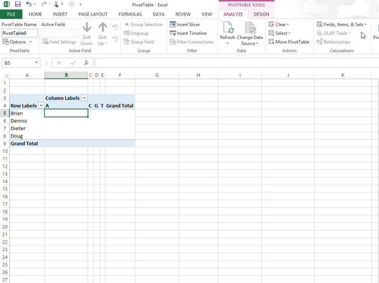 Click any of the cells in the pivot table and then select the Calculated Field option from the Fields, Items, & Sets button’s drop-down list, or press Alt+JTJF.