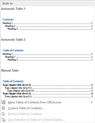 Choose an item from the menu based on what you want the table of contents to look like.