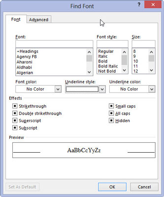In the Find Font dialog box, choose the single underline graphic from the Underline style drop-down list, and then click the OK button.