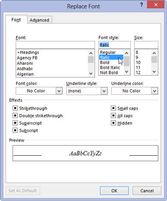 Choose Italic from the Font Style list, and then click OK to close the Replace Font dialog box.