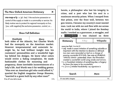 Dictionary definition display on the first-generation Kindle Paperwhite is on the left; the second-