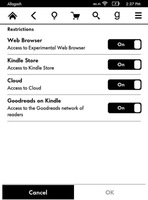 Figure 1: Set parental controls for the web browser, the Kindle Store, the Cloud, and Goodreads.