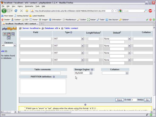 Create a new table using the phpMyAdmin tool.