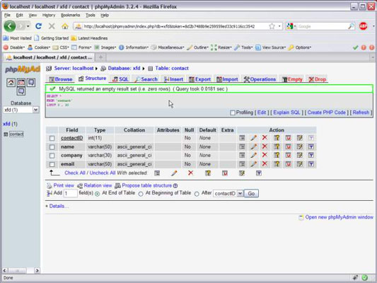 Now, the left panel indicates that you're in the database, which has a table called Contact.