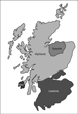 Map of the four main Whisky production regions in Scotland.