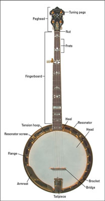 The parts of a banjo. [Credit: Photograph courtesy of Gruhn Guitars]