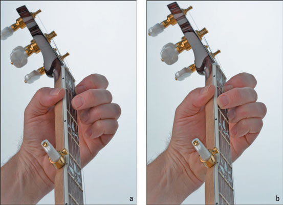 Ghosting the C chord (a) and fretting the C chord (b).