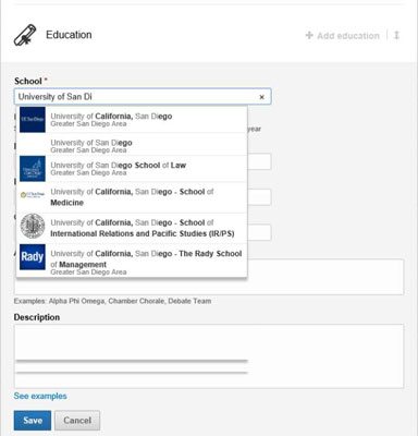 In the School text box, start entering the school name you wish to add to your profile.