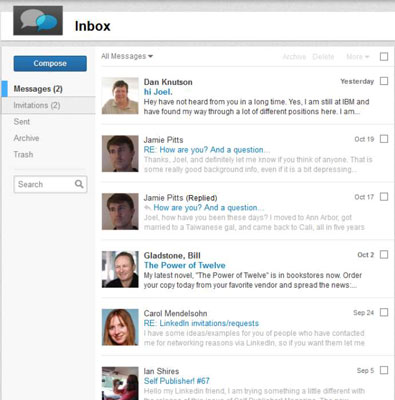 Click the Inbox link from the top navigation bar of any LinkedIn page.