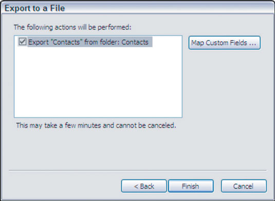 Click Finish to start the export of your Outlook contacts file.