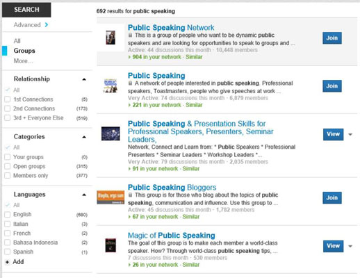 Click the Search button (it looks like a magnifying glass) to see a list of groups that match your keywords.