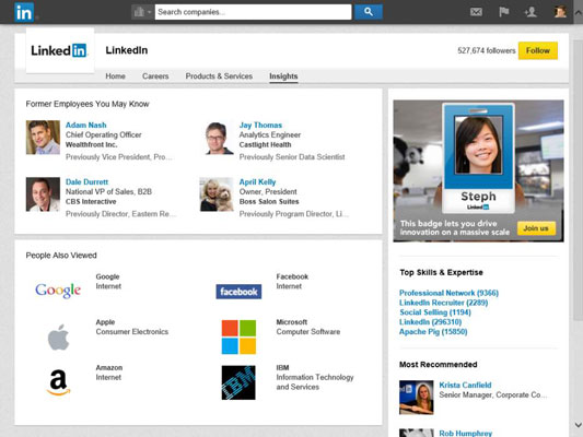 LinkedIn company information page showing former employees and people also viewed sections