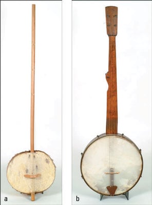 A West African banjo (called an <i>ekonting</i>) (a) and a late 19th century American banjo (b). [C