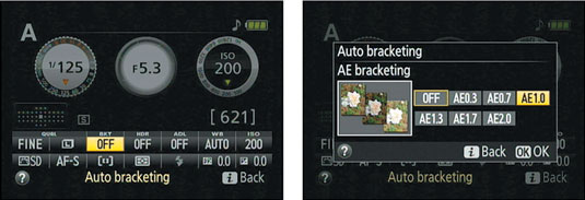 Press the <i>i</i> button to display the control strip, where you can specify the bracketing increment.