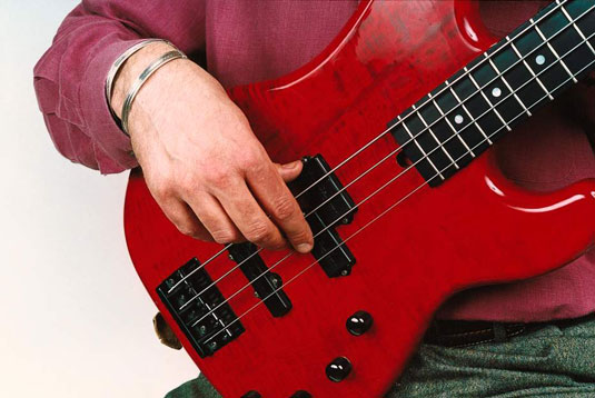 Your hand pivots on the resting thumb toward your body, and your palm is closer to the body of the bass.