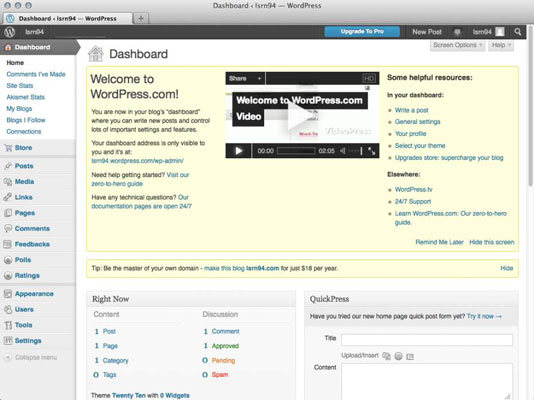If you don’t want to see the Welcome box at the top of your Dashboard page, click the Hide This Screen link in the bottom-right corner of the Welcome to WordPress.com box.