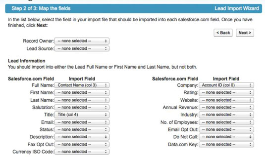 Mapping the lead fields in Salesforce.