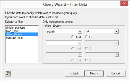 After you identify which columns you want in your query, click the Next button to filter the query data as needed.