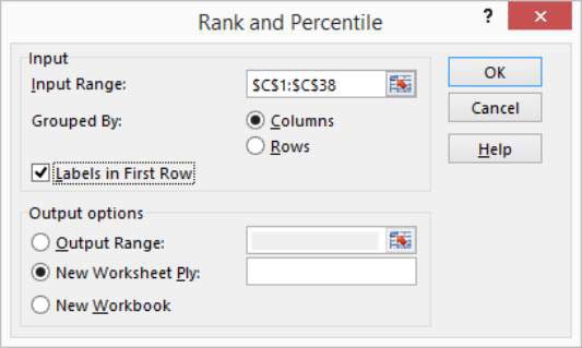 When Excel displays the Data Analysis dialog box, select Rank and Percentile from the list and click OK.