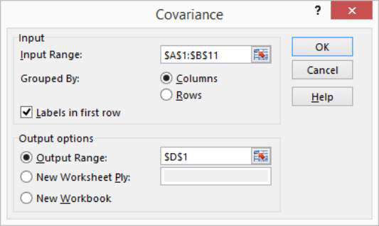 When Excel displays the Data Analysis dialog box, select the Covariance tool from the Analysis Tools list and then click OK.