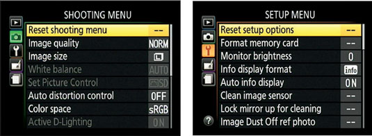 Choose the Reset option to return to the default settings for the respective menu.