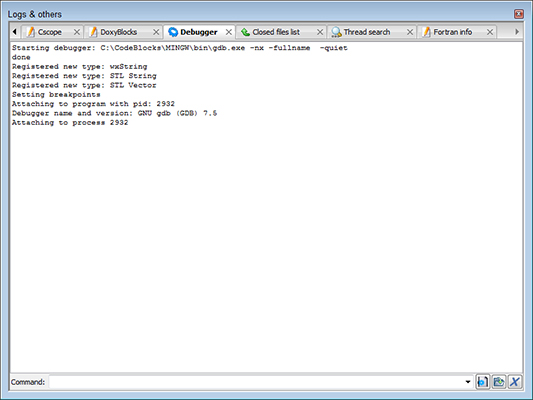 The debugger window in Code Blocks.