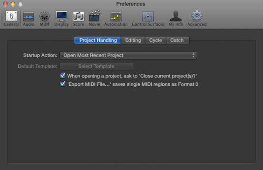 Choose Logic Pro X→Preferences→General and select the Project Handling tab.