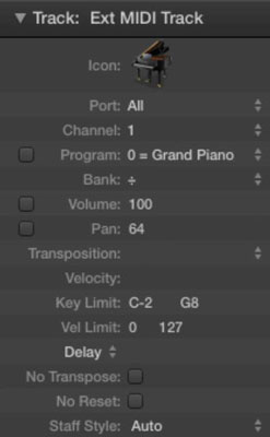 Display the track inspector by clicking the disclosure triangle above the channel strip.