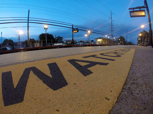 Though the GoPro is only a few inches from this reflective warning on a train platform, the entire 