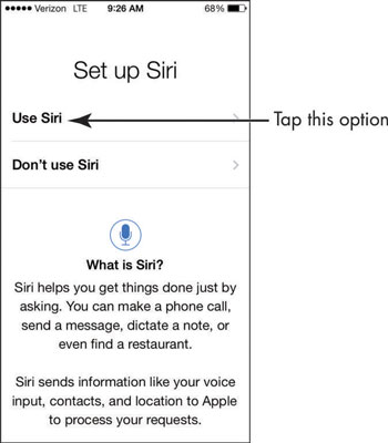 To activate Siri at this point, just tap Use Siri. As you begin to use your phone, iPhone reminds you about using Siri by displaying a message.