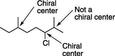 The chiral centers in a long molecule.