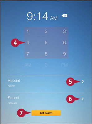 Tap these numbers to set the alarm time (4).
