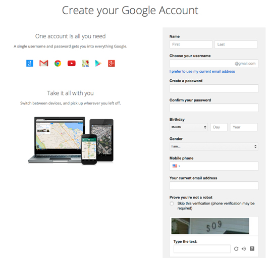 Figure 1: Fill in your information to set up your Google account.