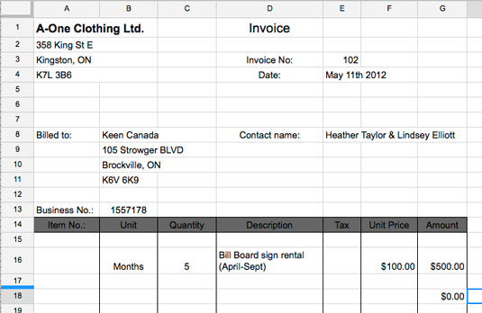 Figure 2: An invoice template for Google Sheets.