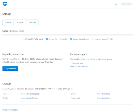 Figure 1: Manage your Dropbox Account settings.