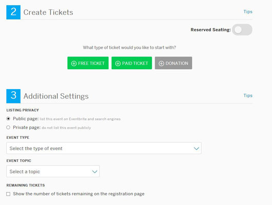 In the Create Tickets section of the Event page, select Paid Ticket.