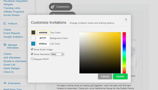 Click the Customize button to make changes to the invitation's colors and sharing options.