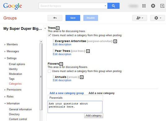 Figure 1: Setting up a category structure for your group.