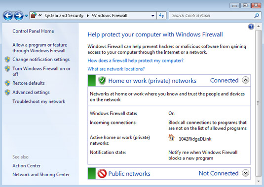 The Windows Firewall dialog box in Windows Control Panel.