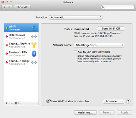 The network dialog box on a Mac.