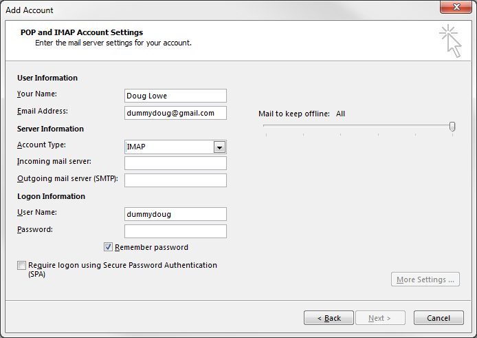 gmail account settings for outlook 365