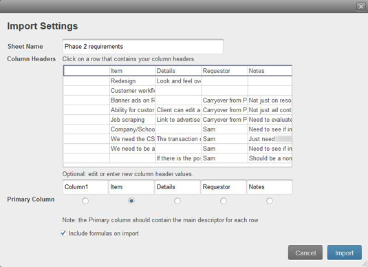 Figure 1: Import settings for Excel and Google spreadsheets.