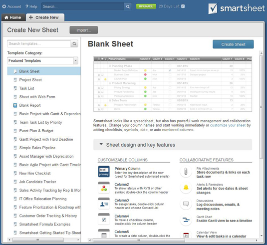 Figure 1: Create a new sheet in Smartsheet.